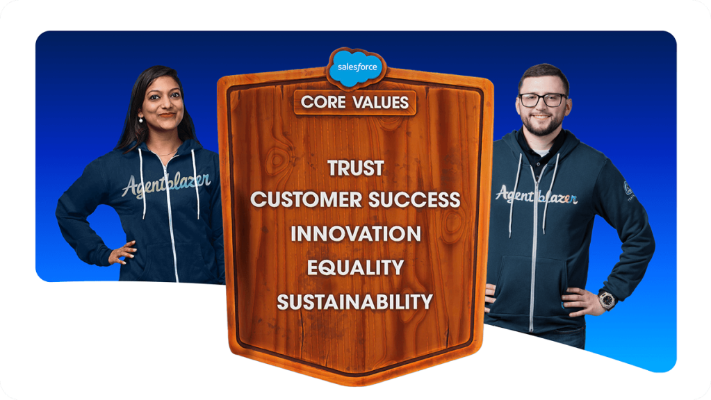 An Agentblazer and Salesforce mascot Astro stand beside a plaque featuring our core values: trust, customer success, innovation, equality and sustainability.